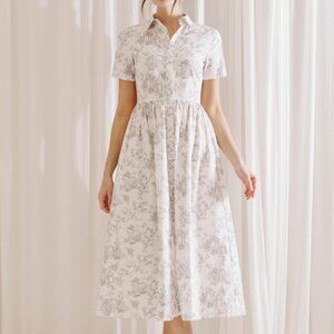 Vintage Elegance Gray Toile Midi Dress| Easter Church Dress